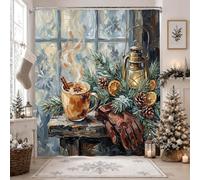 Cozy Winter Cabin Scene Hot Cocoa - Cortina de ducha navideña de 72 x 72