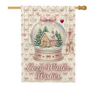 Cozy Winter Snow Globe - Bandera de Navidad para casa de 28 x 40 pulgadas | Escena de cabaña de invierno, bandera de patio, patrones de cinta de melocotón, detalles de zapatillas de ballet