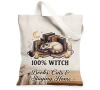 Cozy Witchy Cat And Books - Bolsa de lona para Halloween, 33 x 38 cm, Beige