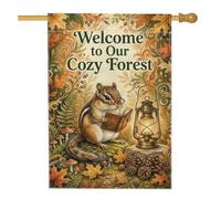 Cozy Woodland Chipmunk - Bandera de otoño con cita de otoño para casa, 71 x | Libro de lectura de ardillas, bandera de césped, linterna vintage, hojas caídas, piñas, tema del bosque