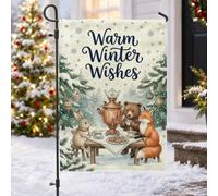 Cozy Woodland Tea Party - Bandera de jardín con cita de invierno, 30,5 x | Samovar - Juego de té, bandera de patio, fondo de bosque nevado, ilustración de animales fantasiosos