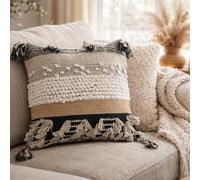 COZYDEKO Funda de almohada decorativa bohemia, cuadrada de 18 x 18 pulgadas, manta rústica marroquí suave con detalles copetudos, algodón tejido a mano de felpa, decoración neutra para el hogar (color