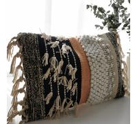 COZYDEKO Funda de almohada lumbar decorativa bohemia y elegante con textura de 12 x 20 pulgadas, manta rústica marroquí moderna con detalles copetudos, algodón tejido a mano, decoración neutra para el