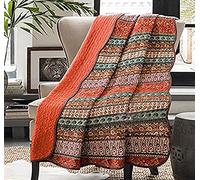 Cozyholy Colcha Bohemia tamaño Individual, 100% algodón, Acolchada, Colorida, Bohemia, a Rayas, Reversible, Ligera, Vintage, para sofá, Color Naranja