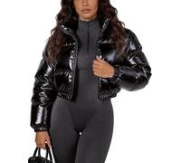 COZYPOIN Chaqueta corta acolchada metálica brillante para mujer, manga larga, cremallera Y2K, abrigo corto acolchado, Negro, X-Small
