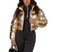 COZYPOIN Chaqueta corta acolchada metálica brillante para mujer, manga larga, cremallera Y2K, abrigo corto acolchado, Dorado, Medium