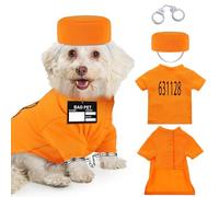 Cozypower 4 piezas de disfraces de prisionero para perro de Halloween, accesorios divertidos de perro de prisión, camisas naranjas de prisión lavables, sombrero de perro, esposas para Halloween,