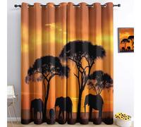 CozyRest Cortinas Opacas con Ojales, Animales africanos Elefantes, Térmicas y Aislantes para Dormitorio o Salón, Puesta de Sol en el Cielo de los Animales Salvajes. 150 x 166 cm