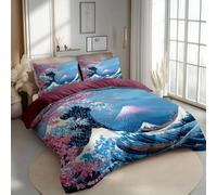 CozyRest Juego de Fundas Nórdicas Suave 3 Piezas para Cama 105- Arte de Las Olas Flor de Cerezo Japonesa Patrón Funda Edredón Poliéster Algodón 180 x 220 cm + 2 Funda de Almohada 50x75, Magenta