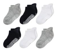 CozyWay Calcetines de tobillo sin deslizamiento con miras, 6 paquete para niños y niñas, gris blanco negro, 3-5 años