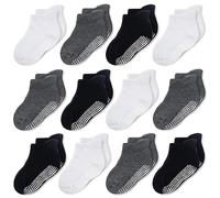 CozyWay Calcetines de tobillo sin deslizamiento con pinzas, 12 paquete para niños y niñas, blanco negro y gris oscuro, 0-6 meses