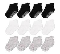 CozyWay Calcetines de tobillo sin deslizamiento con pinzas, 12 paquete para niños y niñas, negro, blanco y gris, 6-12 meses