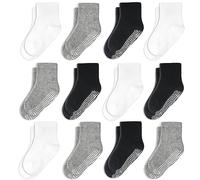 CozyWay Calcetines infantiles de agarre sin deslizamiento, 12 paquete para niños y niñas, negro/blanco/gris, 6-12 meses