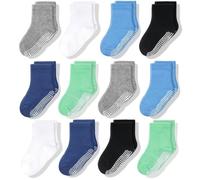 CozyWay Calcetines infantiles de agarre sin deslizamiento, 12 paquetes para niños, negro/blanco/gris/Aqua azul/azul cielo/verde lima, 6-12 meses
