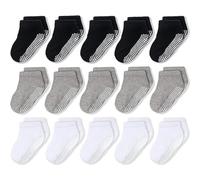 CozyWay Calcetines para niños de corte bajo de tobillo sin deslizamiento, 15 paquete para niños y niñas, negro/blanco/gris, 5-7 años