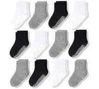CozyWay Calcetines para niños pequeños de agarre sin deslizamiento, 12 paquete para niños y niñas, negro/blanco/gris, 3-5 años