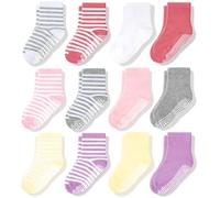 CozyWay Calcetines para niños pequeños de agarre sin deslizamiento, 12 paquetes para niñas, blanco/gris/amarillo/morado/coral y rayas, 3-5 años
