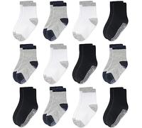 CozyWay Calcetines para niños pequeños de agarre sin deslizamiento, 12 paquetes para niños, negro/blanco/gris con tacón negro o gris, de 3-5 años