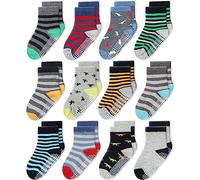 CozyWay Calcetines para niños pequeños de agarre sin deslizamiento, 12 paquetes para niños, rayas y diseño de dinosaurios, 1-3 años