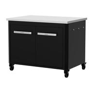 Cozze® | Cocina de Exterior Baja H70 cm con encimera de Acero Inoxidable | Ideal para Plancha | 2 Puertas | 2 estantes fijos | 6 Ganchos | 4 Ruedas Ø75 mm | Acero Lacado Negro | Carga máx 100 kg