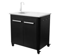 cozze - Mesa de Cocina Exterior L900 con Fregadero de Acero y Grifo - encimera de Acero Inoxidable - Carga máxima de 100 kg, Ruedas Resistentes y portabolsas de residuos - 900 x D600 x 900 mm