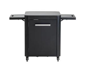 Cozze® | Mesa exterior 600 con alas laterales | Diseño con estilo | Alas plegables | 1 puerta con tirador de acero inoxidable | Soporte para bombona | Ruedas Ø75 mm | Estructura negra lacada