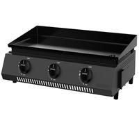 Cozze® Plancha de gas G-700 - plancha de mesa 3 quemadores 6,6 kW (30 mbar), placa esmaltada 66,5×35 cm, bandeja recogegrasas, negro mate
