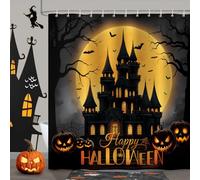 COZZSNUGE Cortina de Ducha Halloween, Cortina de Baño Castillo Luna Llena Bat Calabaza Espeluznante 183 x 183 cm Poliéster Impermeable Resistente al Moho con 12 Ganchos