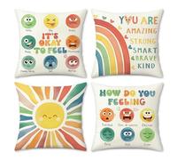 COZZSNUGE Fundas Cojines 45x45 cm Niños Rincón de Calma, Juego de 4 Sol Arcoíris Emoción Poliéster Fundas de Almohada para Aula Rincón Lectura Guardería Biblioteca
