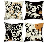 COZZSNUGE Fundas Cojines Halloween Poliéster Fundas de Almohada Negro Naranja Calabaza Cráneo Sombrero de Bruja Castillo Decorativas para Sofá Cama Hogar 45 x 45 cm Juego de 4