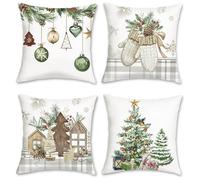 COZZSNUGE Fundas Cojines Navidad Fundas de Almohada Guantes Bolas Árbol de Navidad Cajas de Regalo Decorativas para Sofá Cama Hogar 45 x 45 cm Juego de 4