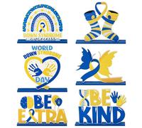 CPicdn 6 piezas de centros de mesa de madera para concientización sobre el síndrome de Down, decoración de mesa de madera con cinta amarilla y azul, suministros de fiesta para escuela, hogar, oficina