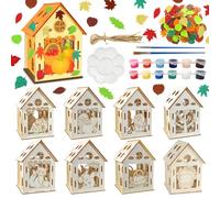 CPKONUUIP Casa de manualidades para niños y otoño, casa de madera con niños, manualidades para construir y pintar, juego de manualidades de animales de madera con 2 pinceles, juego de decoración de