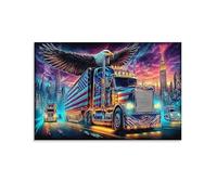 CPLVKWRQJ Águila Soars Pieza Única Águila US Flag Semi Truck City Skyline Decoración De Arte Para Pared Decoración De Lienzo De Cocina Arte De Pared Removible Pieza De Declaración 16x24inch(40x60cm)
