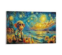 CPLVKWRQJ Mono Estrellado Pieza Única Monkey Van Gogh Beach Arte En Lienzo Arte Para Pared Resistente A La Decoloración Listo Para Colgar Sala De Estar Punto Focal Decoración 16x24inch(40x60cm)
