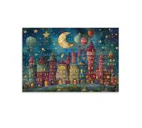 CPLVKWRQJ Noche Castillo Fantasía 1 Pieza Ciudad fantástica globo y luna lienzo dormitorio fácil instalación 20x30inch(50x75cm)