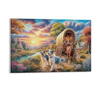 CPLVKWRQJ Viaje al Oeste Pieza Única Wagon Dogs Sunset Frontier Impresiones De Arte Para Pared Pintura De Lienzo Para Dormitorio Listo Para Colgar Space Transformer Decoración 16x24inch(40x60cm)