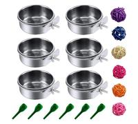 Cpolebev 6 Piezas de Vasos Acero Inoxidable para Platos AlimentacióN PáJaros, Comedero para Loros, Agua para Comida de Periquitos con Soporte de Abrazadera y Cuchara para PáJaros