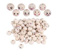 Cpolebev 8 Estilos de Cuentas de Madera con Cara de 20 mm Cuentas de Madera con Cara Sonriente Cuentas de Madera Natural Redondas con Agujero Paquete de 80
