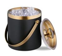 Cpolebev Cubitera para Hielo, Acero Inoxidable, Doble Pared, Cubitera con Tapa y Asa, 2 L, Cubitera para Hielo Negra y Dorada