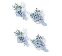 Cpolebev Juego de 4 Piezas de Ramillete y Boutonniere Azul Polvoriento, Pulseras de Ramillete de MuñEca con Flores Artificiales para Baile de GraduacióN