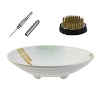 Cpolebev Kit de Jarrón Ikebana, Cuenco Ikebana de Cerámica y de Metal Kenzan, con Herramienta para Enderezar Aguja Verde