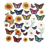 Cpolebev Parches para Planchar con Flores Bordadas para Ropa, 33 Piezas Coser en Aplique de Mariposa de Girasol para Ropa, Sombrero Vestido Jeans