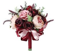 Cpolebev Ramo de Rosas Rosa Polvoriento de BorgoñA - PeoníA Floreciente de Rubor ChampáN con Flores de Boda Nupcial Reales de Eucalipto