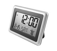 Cpolebev Reloj de Pared Digital, Pantalla LCD Grande, Operado con Batería, Temperatura Interior, Calendario, Mesa de Pie, Posponer Sin Luz de Fondo (Plateado)