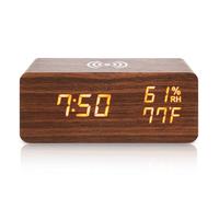 Cpolebev Reloj Despertador Digital, Reloj Despertador de Temperatura y Humedad Reloj ElectróNico LED Cargador InaláMbrico para TeléFono Inteligente (MarróN)