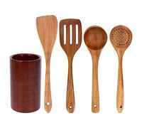 Cpolebev Vajilla de Madera, Juego de Vajilla de Cocina de Teca con Soporte, Adecuado para Utensilios de Cocina Antiadherentes, Cuchara de Pala de Madera Cocinar 5 Piezas