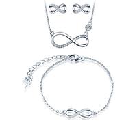 CPSLOVE Collares Pulsera y Pendientes símbolo de infinito para mujer, Conjunto de joyas para mujer niña, collar colgante pulsera y pendientes de plata 925, Circón brillante, Largo ajustable, plateado