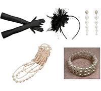 CQXSYTBN Disfraz años 20 mujer accesorios 7 piezas con guantes largos negros, collar perlas, diadema plumas, pendientes vintage, pulsera elegante para fiestas temáticas Charleston Gatsby