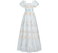 CR ROLECOS Regency Dress Jane Austen - Vestido de fiesta de té victoriano, color blanco, Azul floral., L